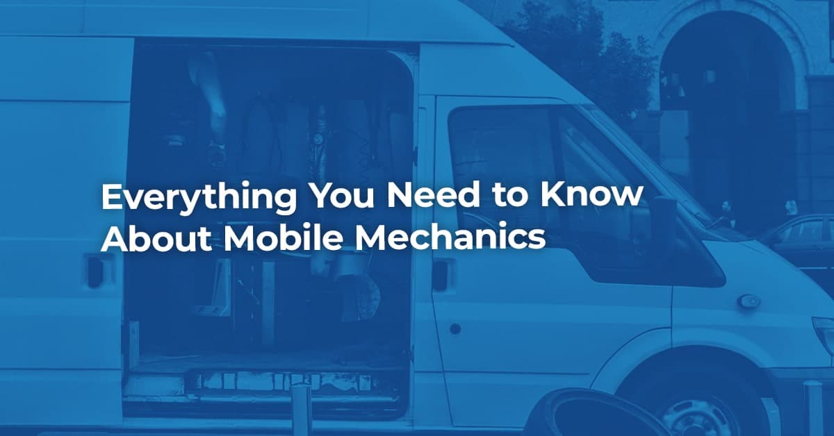 The article title over a mobile mechanic's van, in a blue overlay.