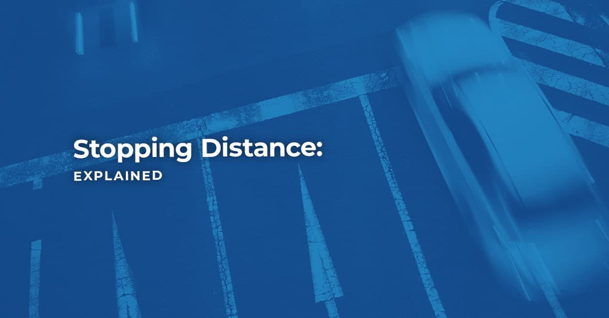 The article title over a car driving quickly as the driver figures out the stopping distance.